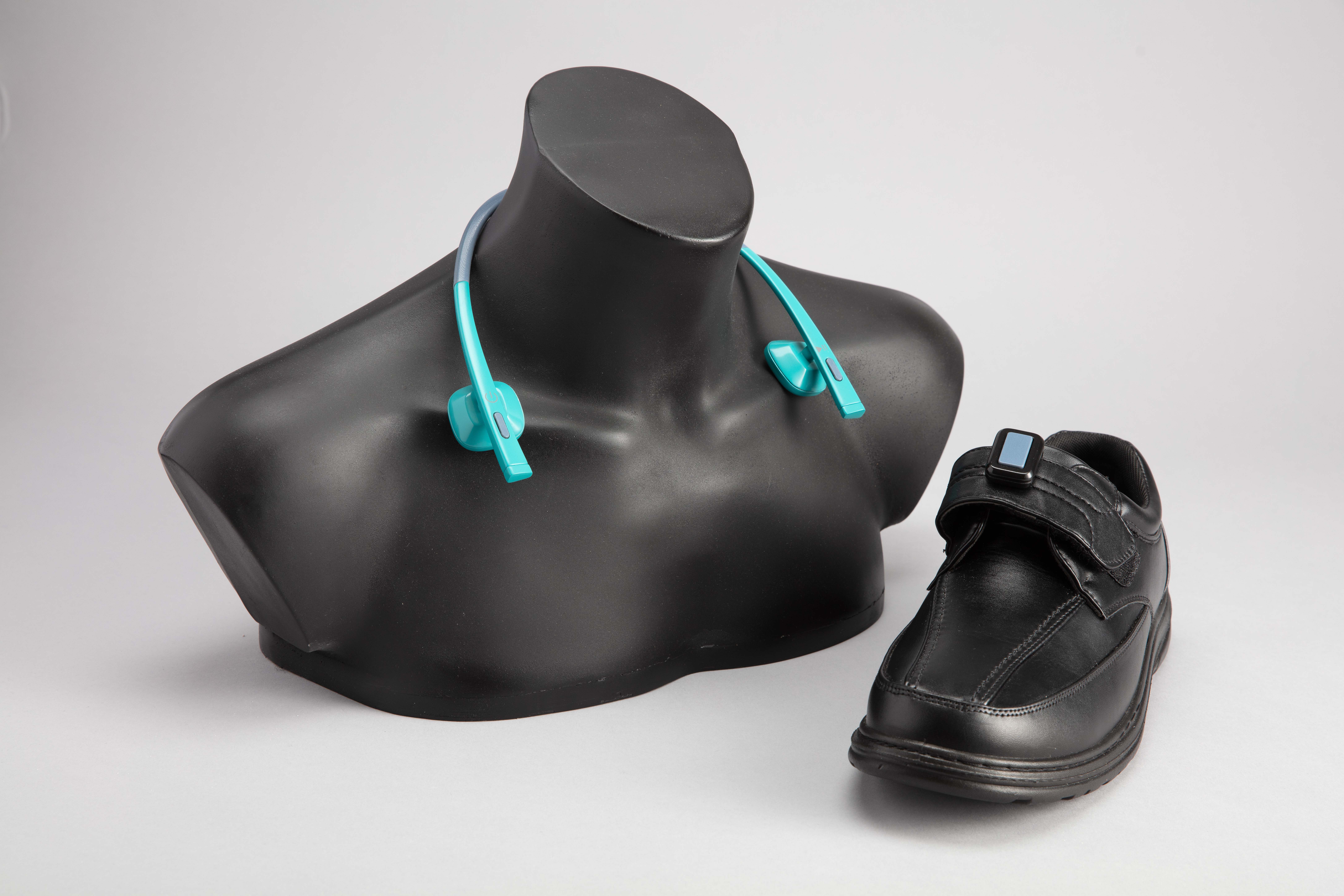 An image with a caption of: Peter is made up of two products – a neckband and a sensor.