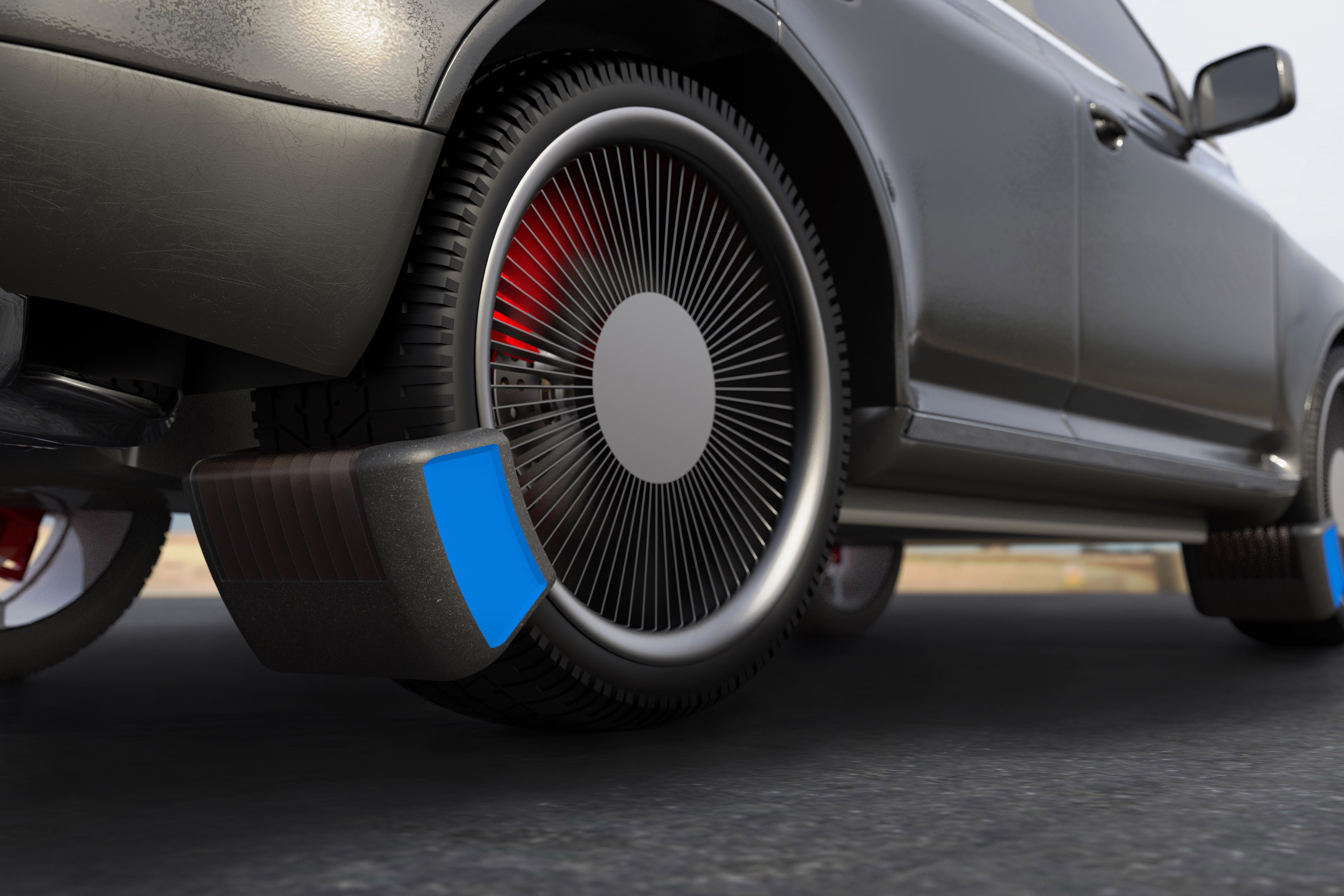 An image with a caption of: The device is positioned close to where the tyre touches the road to maximise effectiveness