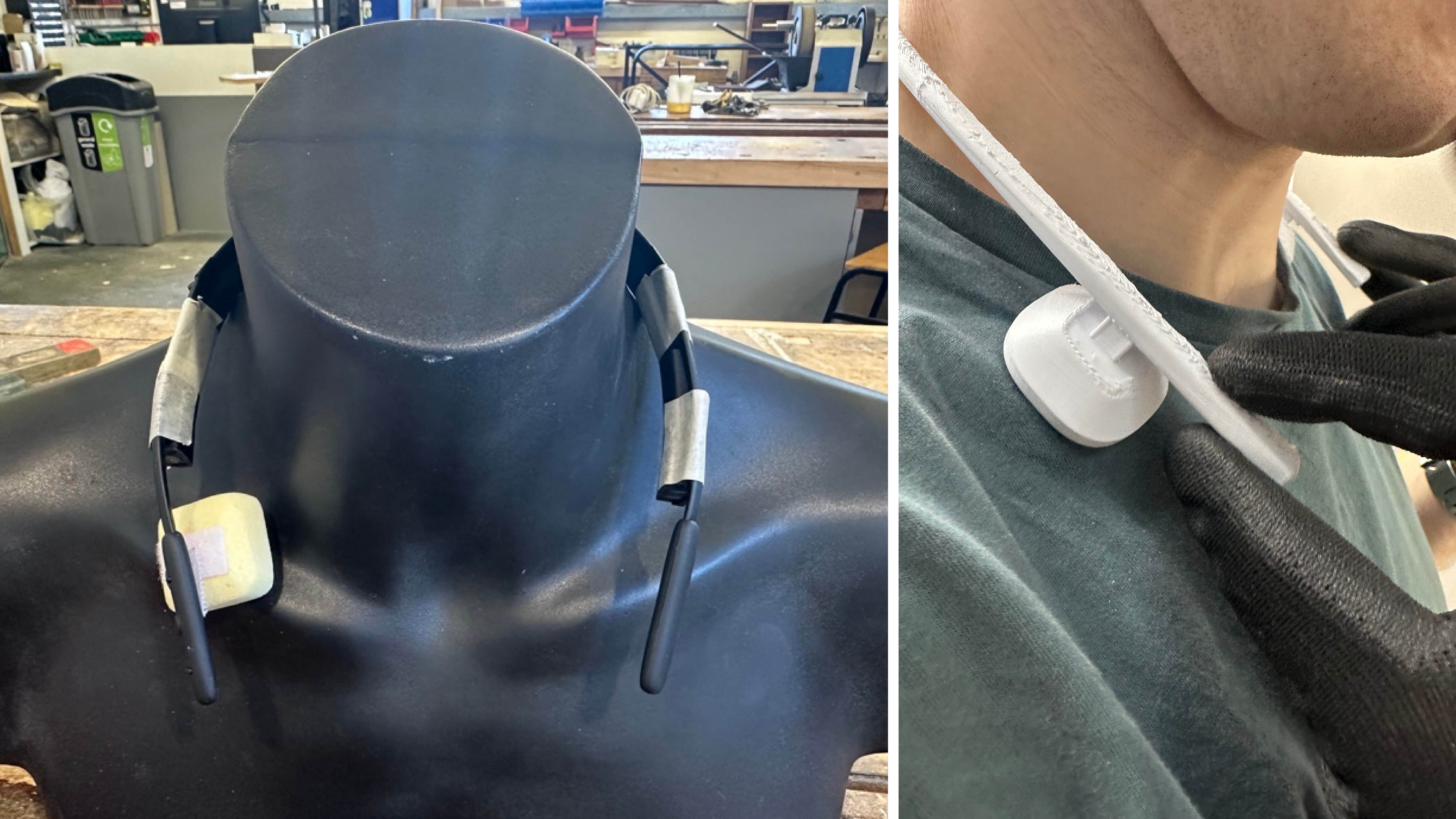 An image with a caption of: Prototyping used velcro, foam and FDM. Empathy tools were used to simulate Parkinson's.