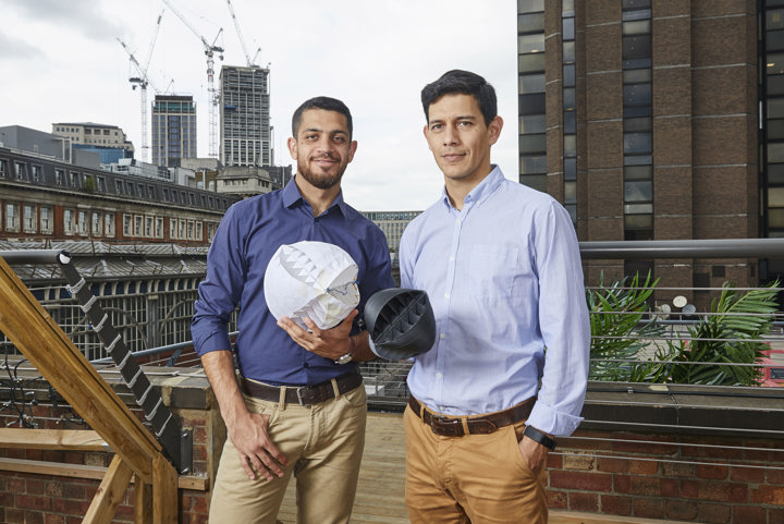 Image of Nicolas Orellana and Yaseen Noorani with their prototype of O-Wind Turbine